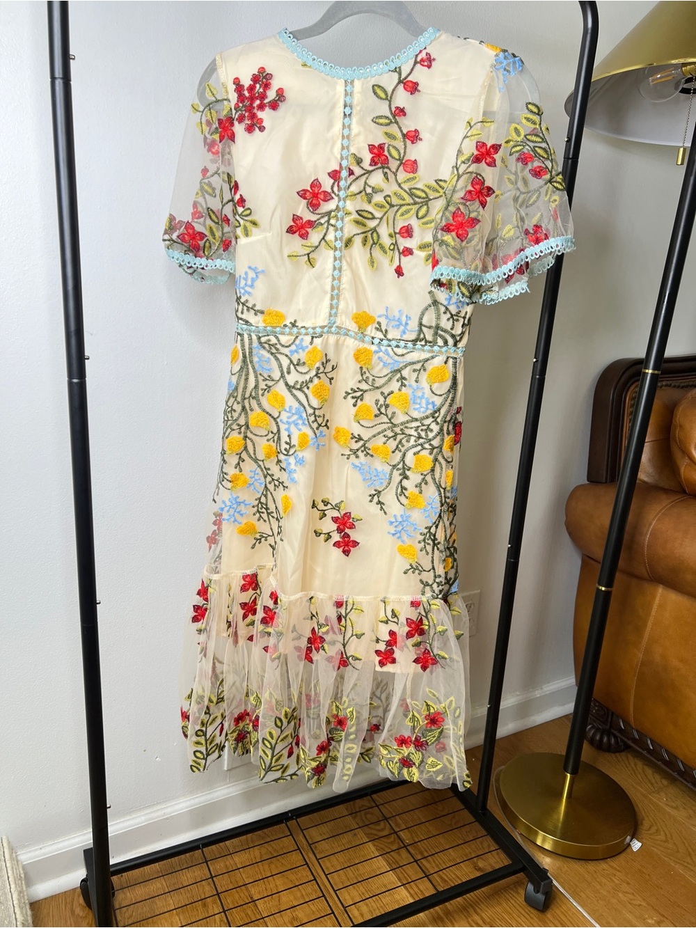 Vintage Cream Midi Dress with Red, Yellow & Blue Floral Embroidery